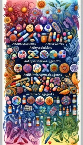This watercolor painting showcases various drug classifications essential for nursing practice. Analgesics are represented with distinct hues and patterns, anticoagulants with unique motifs, antihypertensives through thoughtful symbols, antimicrobials with creative color combinations, and antidiabetic agents with intricate detail. Each class of drugs is differentiated using vibrant colors, intricate designs, and details to emphasize the importance of understanding these drug classifications in nursing.