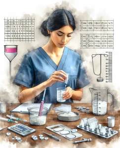 This watercolor painting captures the significance of dosage calculations in nursing, showcasing a female Hispanic nurse meticulously measuring medication with various instruments and tools. The scene exudes professionalism and concentration, emphasizing the importance of accurate medication administration.