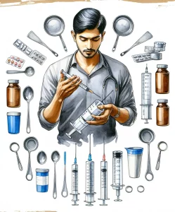 This watercolor image captures a South Asian male nurse meticulously measuring medication dosage using a syringe. Surrounded by various measurement tools from both the medical world and household items, his attention to detail in dosage calculations is evident in the precise arrangement of each tool around him.