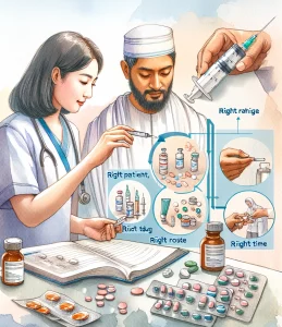 This watercolor painting showcases a South Asian female nurse carefully administering medication to her Middle-Eastern male patient. Different routes of medication administration are depicted, along with various dosage forms. The 'five rights' of medication practice are highlighted on a nearby wall, along with an open notebook for documentation. The soft hues and symbolism in the artwork represent the patient's safety, trust, and well-being in medical management.