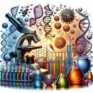 A detailed image capturing a fully-equipped scientific laboratory featuring glossy test tubes, bulbous beakers, powerful microscopes, molecular models, twisting DNA strands, complex biomolecules, diversified cells, and chemical structures. The theme revolves around scientific exploration and the thrill of discovery in the field of medical biochemistry and molecular biology.