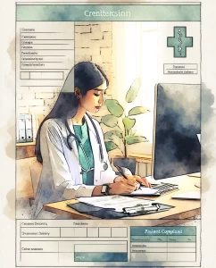 A watercolor-style image of a South Asian female healthcare provider sitting at a desk, surrounded by medical forms and a computer screen displaying electronic patient records. The tranquil ambiance highlights the importance of meticulous and individualized patient care.