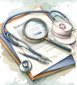 This watercolor style image captures the essence of the critical examination of research within the nursing field. Featuring a stethoscope, a magnifying glass inspecting a research paper, and a traditional nurse's cap, the artwork symbolizes the professional tools and scrutiny involved in scientific studies in nursing. The gentle and calming color palette highlights the importance of careful analysis and translation in the practice of nursing.