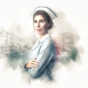 A confident and approachable Caucasian nurse is depicted in a bustling hospital setting, surrounded by a gentle watercolor aesthetic. The soft strokes emphasize the caring and nurturing environment of the nursing profession.
