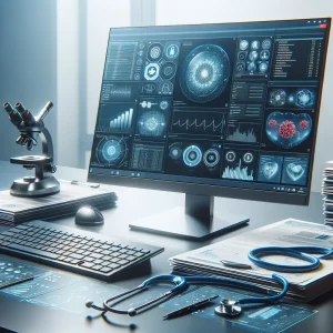 A high-resolution image of a modern computer system with medical research applications open on the desktop screen. Surrounding the computer are medical tools and charts, highlighting the importance of computer literacy in contemporary medicine.
