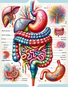 This watercolor-style painting showcases the intricate structure and functions of the gastrointestinal system, featuring vital organs such as the mouth, esophagus, stomach, small intestine, large intestine, rectum, and anus. Each element is presented in a colorful and artistic way, emphasizing the importance of this essential system within the human body. The title 'Gastrointestinal System' prominently features on the image, denoting its significance for educational purposes.