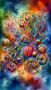 This watercolor painting intricately captures the interconnectedness of human physiology, depicting processes such as metabolism, homeostasis, cell function, and the endocrine system in rich, vibrant colors. The surreal imagery and realistic representations symbolize the complex beauty of the human body, echoing themes from the article '2.2 Human Physiology' without using any text.