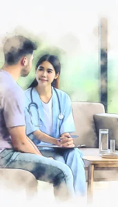 A tranquil watercolor image depicting a South Asian female nurse providing empathetic support and guidance to a Caucasian male patient during an individual counseling session. Soft pastel colors create a calming environment, emphasizing the healing nature of their interaction.