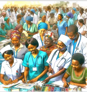 This watercolor-style image depicts a diverse group of male and female nurses in Zambia, showcasing their various ethnic descents such as Bantu, Ndebele, and Tonga. The nurses are seen working together in a hospital setting, providing direct patient care, promoting health, advocating for patient rights, collaborating with other healthcare professionals, and engaging in research and education activities. The vibrant colors used in the painting reflect the rich local cultures and environment, capturing the multi-faceted roles and responsibilities of these dedicated healthcare professionals.