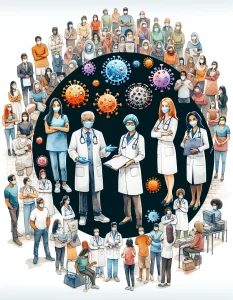 An enchanting watercolor illustration showcasing a diverse group of community health nurses and community members working together to prevent and control diseases. The image highlights their collaborative efforts in conducting vaccination campaigns, educating the public, monitoring diseases, and collaborating with healthcare professionals. The themes of unity, teamwork, and commitment shine through in their collective actions to foster a healthy community.