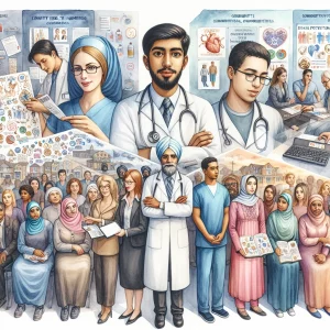 A watercolor illustration showcasing a diverse team of nurses from different ethnic backgrounds working together to promote health education and disease prevention in the community. The image captures the sense of unity and purpose in improving the welfare of individuals, families, and communities.