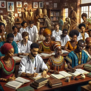 This image captures the diverse group of nursing students in Africa, showcasing their determination, camaraderie, and dedication to their studies. The scene is filled with textbooks, medical equipment, and African-inspired decor, emphasizing the rich cultural heritage and strong work ethic of these aspiring nurses.