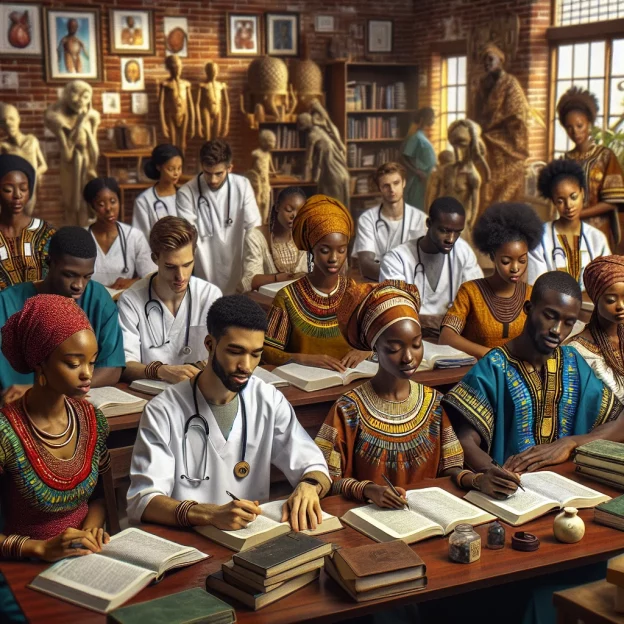 This image captures the diverse group of nursing students in Africa, showcasing their determination, camaraderie, and dedication to their studies. The scene is filled with textbooks, medical equipment, and African-inspired decor, emphasizing the rich cultural heritage and strong work ethic of these aspiring nurses.
