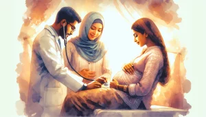 A serene watercolor painting showcasing a South Asian healthcare provider conducting a prenatal exam on a Hispanic mother, with her Middle-Eastern partner by her side. The scene exudes warmth, support, and empowerment, emphasizing the importance of teamwork in fostering the health of both mother and child.