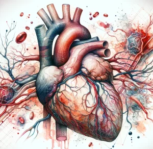 This stunning watercolor painting intricately showcases the heart, a vast network of blood vessels, and the intricate process of blood circulation. The blend of realism and artistic expression makes this image both informative and captivating, perfect for illustrating articles on the cardiovascular system.