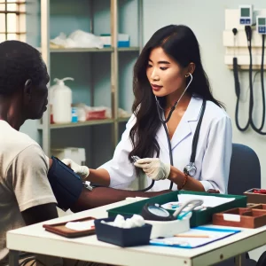 A South Asian female healthcare professional consults with a Black male patient, diagnosing a common illness with compassion and expertise. Medical equipment is used for the diagnosis in a professional yet tender environment.