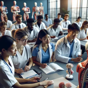 A photorealistic image capturing a diverse group of medical students fully engaged in a classroom discussion on orthopaedics and traumatology. The scene is filled with anatomical models and medical textbooks, showcasing a hands-on learning environment. The Asian female, White male, Black female, and Hispanic male students are focused and determined, exuding a palpable atmosphere of intellectual curiosity and academic pursuit in their MBSc-C11 course.