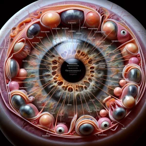 A photorealistic image of a human eye, meticulously detailed and labeled with precision to showcase the complexity and functionality of each part. This artwork aims to spark curiosity and admiration for the beauty and intricacy of the eye, inviting deeper exploration into the field of ophthalmology.