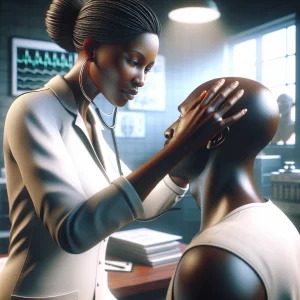 A powerful image capturing a Black female healthcare professional in Zambia providing compassionate care during a physical examination of a Middle-Eastern male patient in a primary care setting. The scene exudes professionalism and respect for the vital role of healthcare professionals in society.