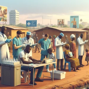 A photorealistic image showing a diverse group of healthcare workers engaged in various public health activities in a community setting. They are preparing vaccines, conducting health talks, and using handheld devices to track health statistics. The backdrop features a local health clinic, town residents, and public health billboards, conveying a sense of teamwork, empathy, and dedication to improving public health.
