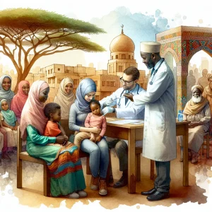 This watercolor illustration captures a diverse and vibrant scene at an African primary care clinic. A Black nurse is seen administering a vaccine to a young Middle-Eastern girl, while a South Asian physician consults with an elderly Caucasian man. The setting is enriched by iconic African landscapes, including acacia trees and traditional archways, symbolizing a welcoming and supportive healthcare environment focused on health promotion and preventive care.
