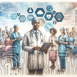 A watercolor painting depicting the integration of technology in a Kenyan hospital setting. In the foreground, diverse doctors and nurses use digital devices, symbolizing the fusion of modern technology with patient care. The patients are equally diverse, representing inclusivity in healthcare. In the background, digital interfaces blend with charts and graphs, highlighting data management and efficiency. The soft watercolor tones convey a sense of progress, calmness, and innovation in enhancing patient care.