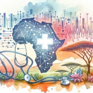 A vibrant watercolor illustration seamlessly merging traditional Kenyan motifs with modern technology. Central to the image are symbols of healthcare, such as a medical cross and stethoscope, intertwined with abstract data elements like binary code and interconnected nodes. A subtle backdrop of a Kenyan landscape, featuring acacia trees and Mount Kenya, encapsulates the spirit of innovation and progress in enhancing data management within Kenya's healthcare system.