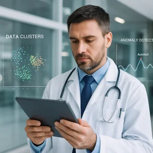 Focused healthcare professional engages with a tablet, immersed in a world of patient data.