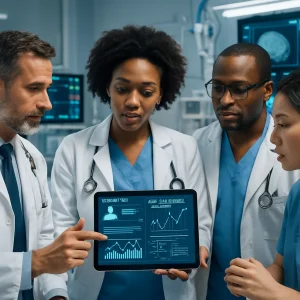 Group of healthcare professionals collaborates around a digital tablet that showcases intricate patient data