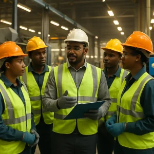 A photorealistic scene on a warm-lit African factory floor where diverse workers in PPE—hard hats, high-visibility vests, gloves, and safety goggles—gather around a supervisor with a clipboard to discuss risk controls. The setting emphasizes safety features: machine guards, ergonomic workstations, and a digital monitor showing hazard data. The composition is simple and text-free, focusing on collaboration, prevention, and a culture of health and safety on the shop floor.