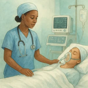 A gentle watercolor scene of a Kenyan nursing student standing beside a patient bed in an operating theatre/ICU, surrounded by subtle anesthesia and critical care details like an airway mask, oxygen tubing, IV lines, a ventilator monitor, and a stethoscope. The composition feels calm, professional, and educational, with soft blue-green and warm neutral tones and a clean painterly texture.