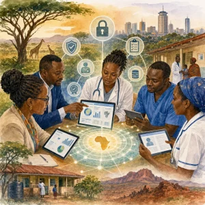 A warm watercolor scene of Kenyan hospital managers and clinicians reviewing protected digital health records and dashboards together, surrounded by a glowing data network. Subtle privacy and compliance symbols blend with a Nairobi-to-rural clinic setting and Kenyan landscape, creating a professional, modern illustration with soft brush textures and a clean composition.