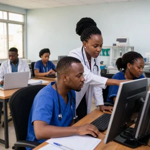 A photorealistic scene of medical students and a healthcare professional collaborating in a modern Kenyan hospital training room, using desktop computers and a laptop for electronic health records, data entry, and medical research. The setting features subtle clinical equipment, natural lighting, and a clean professional atmosphere, with diverse African representation and realistic skin tones.
