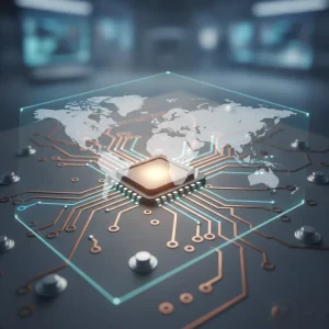 A stylized, photorealistic medical device circuit board hums with subtle, glowing lines of data, a transparent world map overlaying it, symbolizing the global reach of healing and innovation.